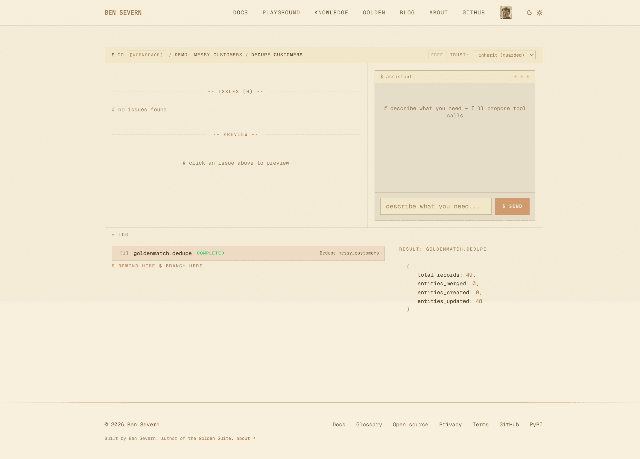 The workbench: a completed goldenmatch.dedupe run, with the event log, result metrics, issue queue, preview pane, and assistant chat panel all visible