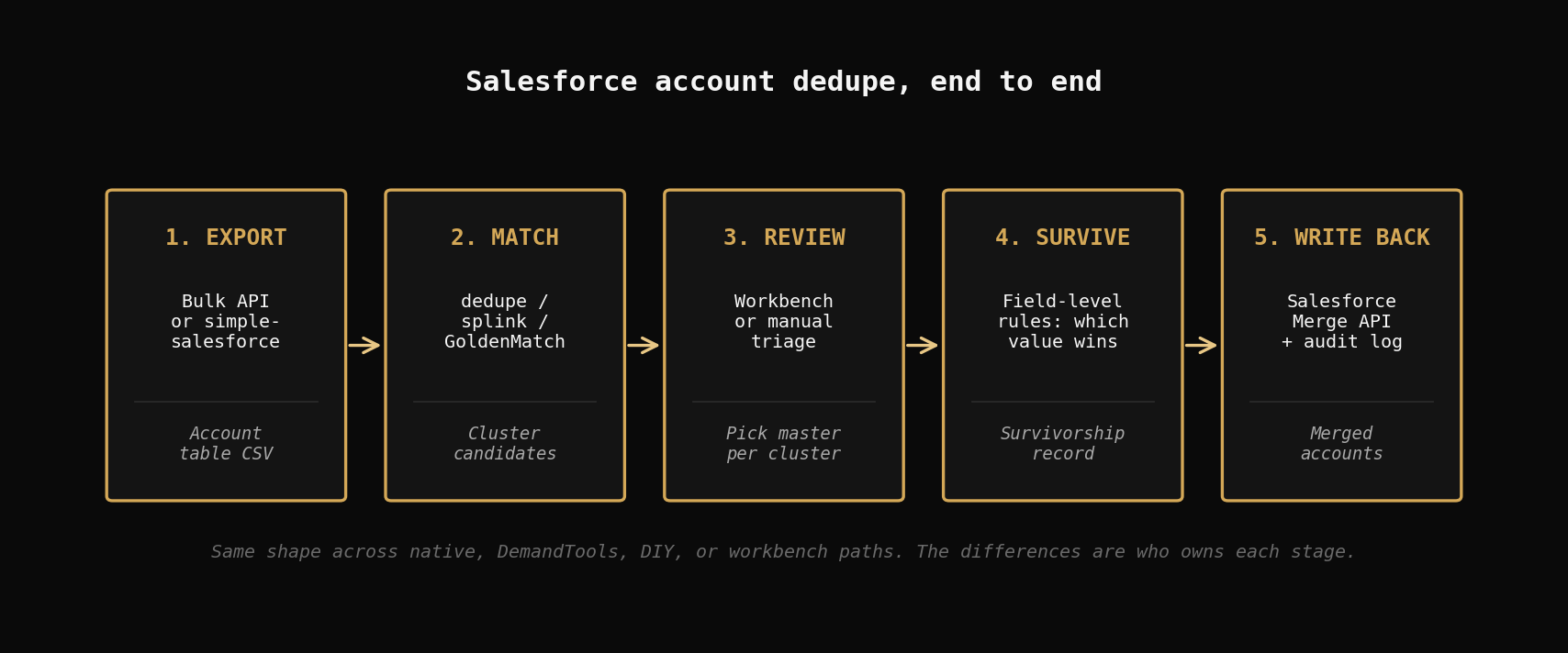 Five-stage Salesforce dedup pipeline: export, match, review, survivorship, write back